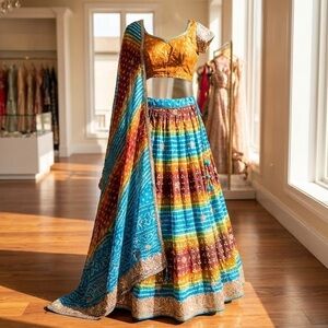 Vibrant Multicolor Bandhani Print Lehenga Choli Set | Chest 36"
